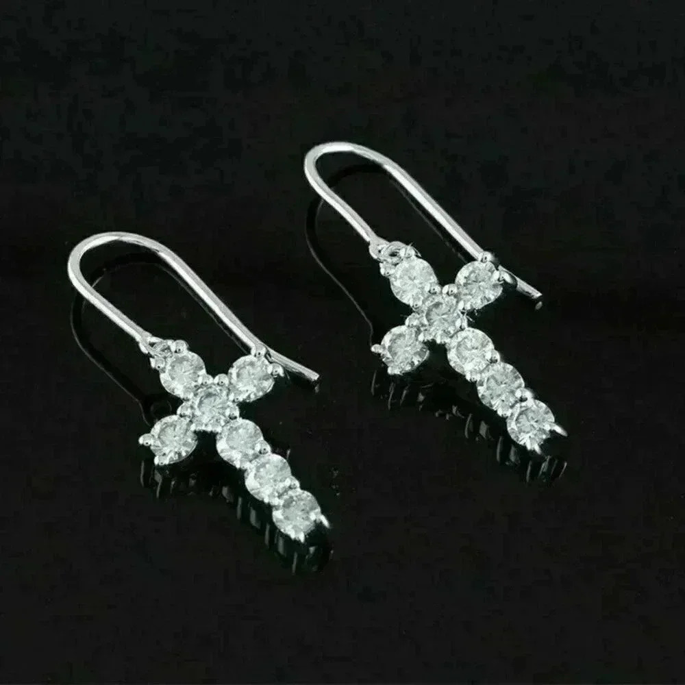 NEW Sterling Silver Diamond Cross Drop Earrings